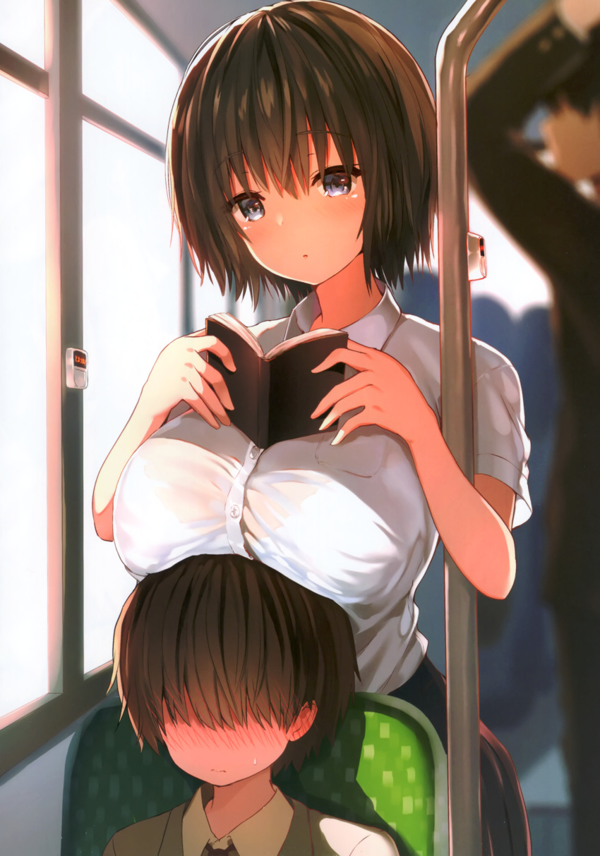 1girl 2boys absurdres bangs blue_eyes blurry blurry_background book bow breast_rest breasts breasts_on_head brown_hair bus_interior closed_mouth day eyebrows_visible_through_hair faceless faceless_male highres holding holding_book large_breasts long_sleeves looking_at_viewer multiple_boys original red_bow scan shiny shiny_hair shirt short_hair short_sleeves skirt sune_(mugendai) upper_body window