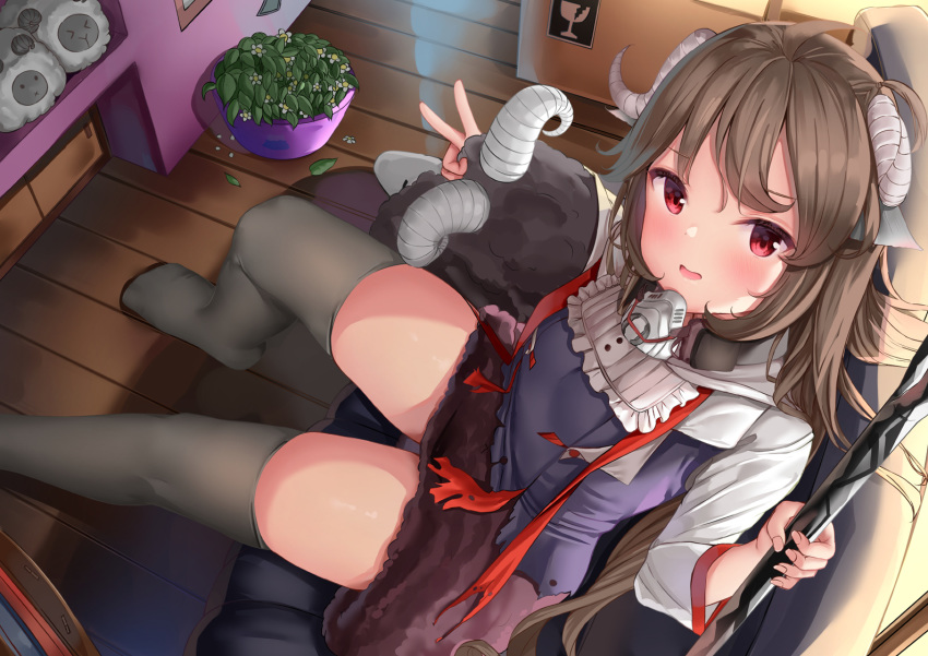 1girl arknights bachibachi_(tisen) brown_hair brown_skirt eyjafjalla_(arknights) from_above grey_legwear holding horns long_hair long_sleeves looking_at_viewer no_shoes open_mouth plant potted_plant purple_shirt red_eyes sheep_horns shirt sitting skirt solo stuffed_animal stuffed_sheep stuffed_toy thigh-highs thighs v zettai_ryouiki