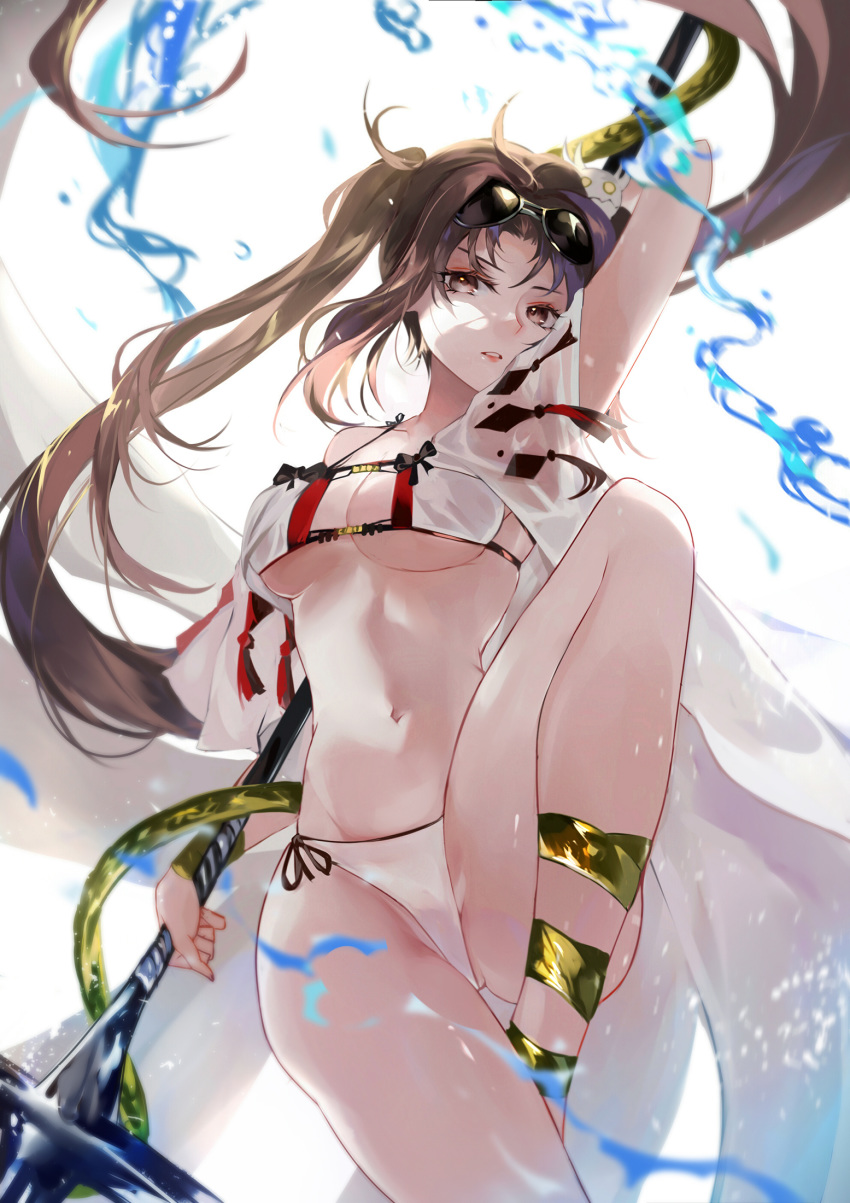 1girl anklet arm_up bare_legs bare_shoulders bikini black-framed_eyewear black_bow black_ribbon bow breasts brown_eyes brown_hair commentary_request consort_yu_(fate) eyewear_on_head fate/grand_order fate_(series) hair_ornament highres holding holding_weapon jewelry leg_up long_hair looking_at_viewer medium_breasts navel parted_lips polearm red_lips ribbon see-through side-tie_bikini simple_background smile solo spear splashing stomach sunglasses swimsuit thighs under_boob v-shaped_eyebrows vardan very_long_hair water weapon white_background white_bikini yu_miaoyi_(swimsuit_lancer)