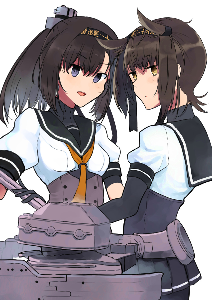 2girls absurdres ahoge akizuki_(kantai_collection) black_bodysuit black_gloves black_hair black_headband black_sailor_collar bodysuit clothes_writing commentary_request corset cowboy_shot edel_(edelcat) gloves grey_eyes hachimaki hair_flaps hair_ornament hatsuzuki_(kantai_collection) headband highres kantai_collection long_hair looking_at_viewer machinery multiple_girls neckerchief ponytail sailor_collar school_uniform serafuku short_hair simple_background standing white_background yellow_eyes yellow_neckwear