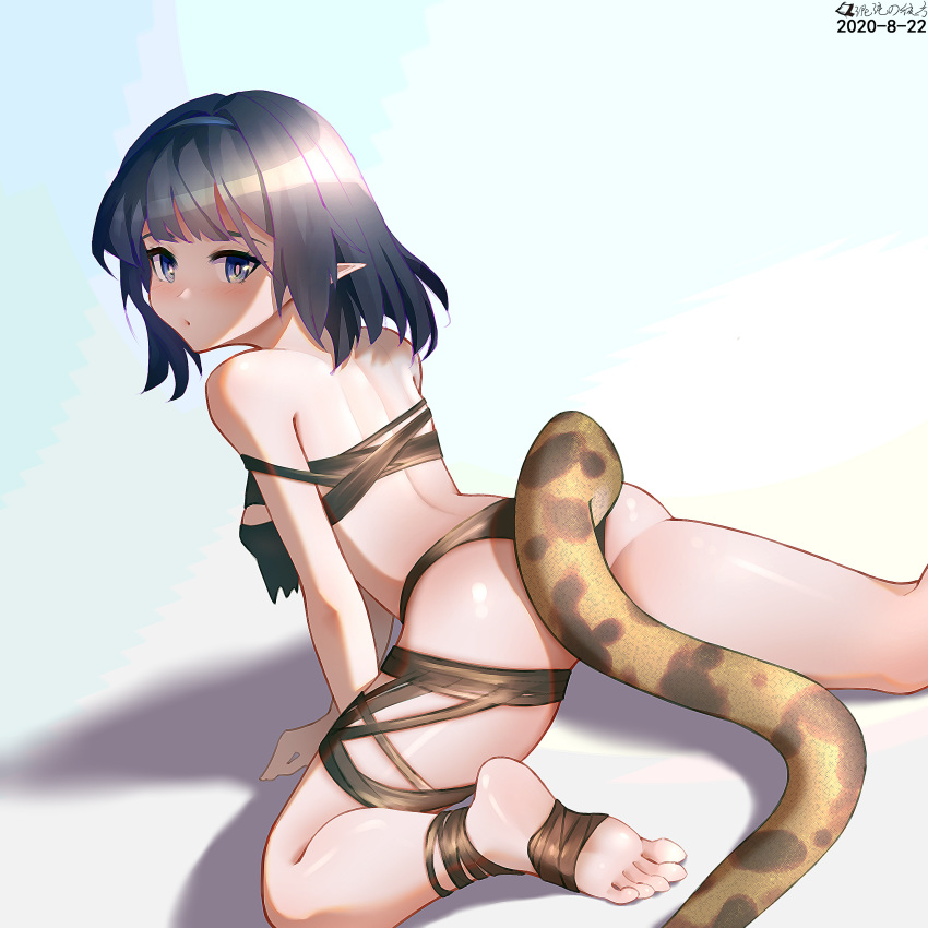 1girl absurdres arknights ass bandeau bangs bare_arms bare_legs bare_shoulders barefoot black_panties blue_eyes blue_hairband blush chinese_commentary commentary_request dated eunectes_(arknights) grey_hair hairband highres hundun_no_bifang looking_at_viewer panties pointy_ears short_hair snake_tail solo strapless tail thigh_strap thighs tubetop underwear