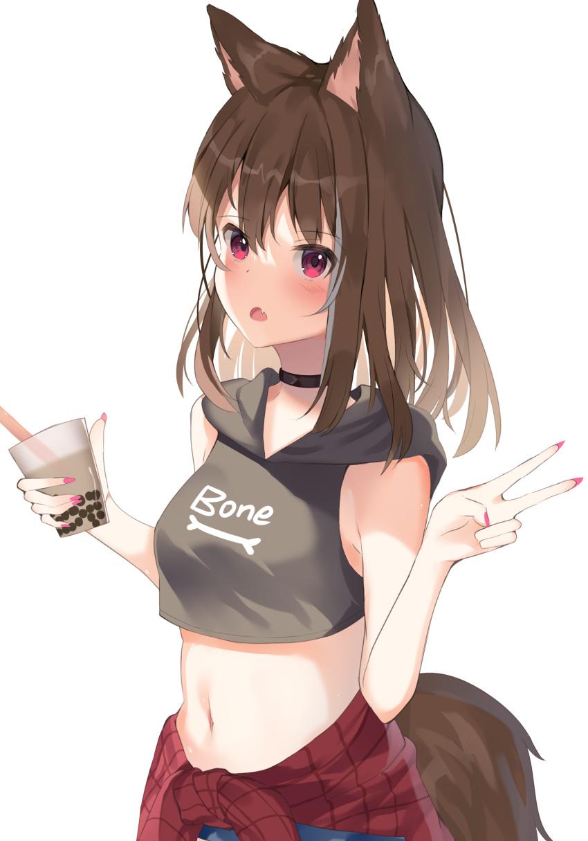 1girl absurdres animal_ears bangs bare_arms bare_shoulders black_choker black_hoodie blush breasts brown_hair bubble_tea choker clothes_around_waist commentary_request crop_top cup disposable_cup drinking_straw eyebrows_visible_through_hair fang hair_between_eyes highres holding holding_cup hood hood_down hoodie long_hair looking_at_viewer midriff mizuki_ryuu nail_polish navel open_mouth original red_eyes red_nails simple_background sleeveless sleeveless_hoodie small_breasts solo tail v white_background
