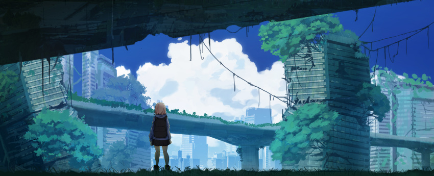 1girl absurdres backpack bag building clouds day from_behind grass highres long_sleeves overgrown ruins scenery short_hair shorts skyscraper standing tree yomanika0021