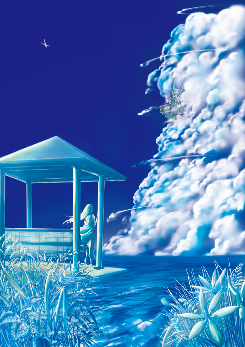 absurdres barefoot bird blue_sky blue_theme castle clouds day dress floating_island flower grass highres long_hair ocean original outdoors scenery shirokihito sky solo standing water white_hair wind