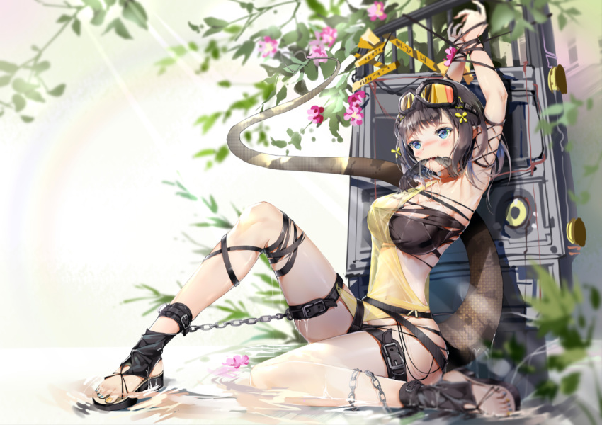 1girl arknights armpits arms_up bandeau bangs bare_arms bare_shoulders bdsm black_hair blue_eyes bodhi_wushushenghua bondage bound bound_wrists breasts chain cleave_gag cloth_gag eunectes_(arknights) gag gagged goggles goggles_on_head heart_tail improvised_gag knee_up large_breasts restrained see-through short_hair sitting snake_tail solo strapless tail thigh_strap thighs toenail_polish torn_clothes tubetop