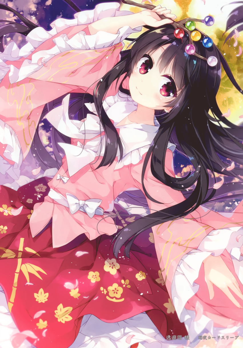 1girl absurdres arm_up bangs black_hair blush bow closed_mouth collarbone detached_sleeves eyebrows_visible_through_hair fingernails highres holding houraisan_kaguya jeweled_branch_of_hourai long_hair long_sleeves looking_at_viewer mochizuki_shiina moon petals pink_eyes scan shiny shiny_hair shiny_skin skirt smile solo touhou white_bow wide_sleeves