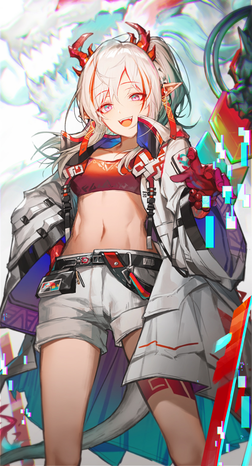 1girl :d absurdres arknights bandeau bangs belt black_belt commentary cowboy_shot eyebrows_visible_through_hair fangs highres horns jacket lentain long_hair long_sleeves looking_at_viewer midriff multicolored_hair navel nian_(arknights) open_clothes open_jacket open_mouth pointy_ears redhead short_shorts shorts silver_hair smile solo standing stomach strapless streaked_hair tail thighs tubetop violet_eyes white_jacket white_shorts wide_sleeves