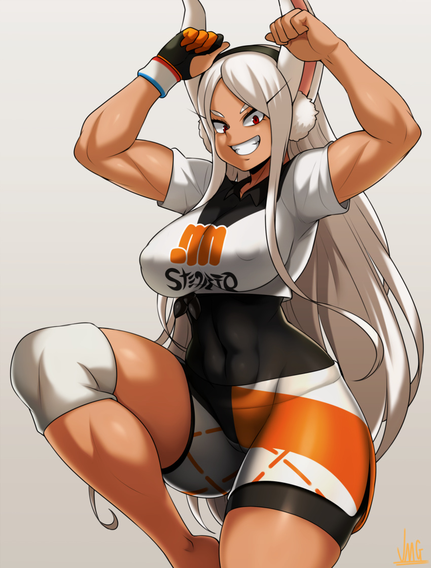 1girl :d abs animal_ears arms_up barefoot black_bodysuit bodysuit bodysuit_under_clothes boku_no_hero_academia breasts cosplay covered_navel covered_nipples dark_skin gloves hairband highres jmg knee_pads large_breasts long_eyelashes long_hair looking_at_viewer mirko open_mouth partly_fingerless_gloves pokemon pokemon_(game) pokemon_swsh print_shirt print_shorts rabbit_ears rabbit_girl red_eyes saitou_(pokemon) saitou_(pokemon)_(cosplay) shirt shorts single_glove smile solo thighs tied_shirt toned two-tone_gloves white_hair wristband