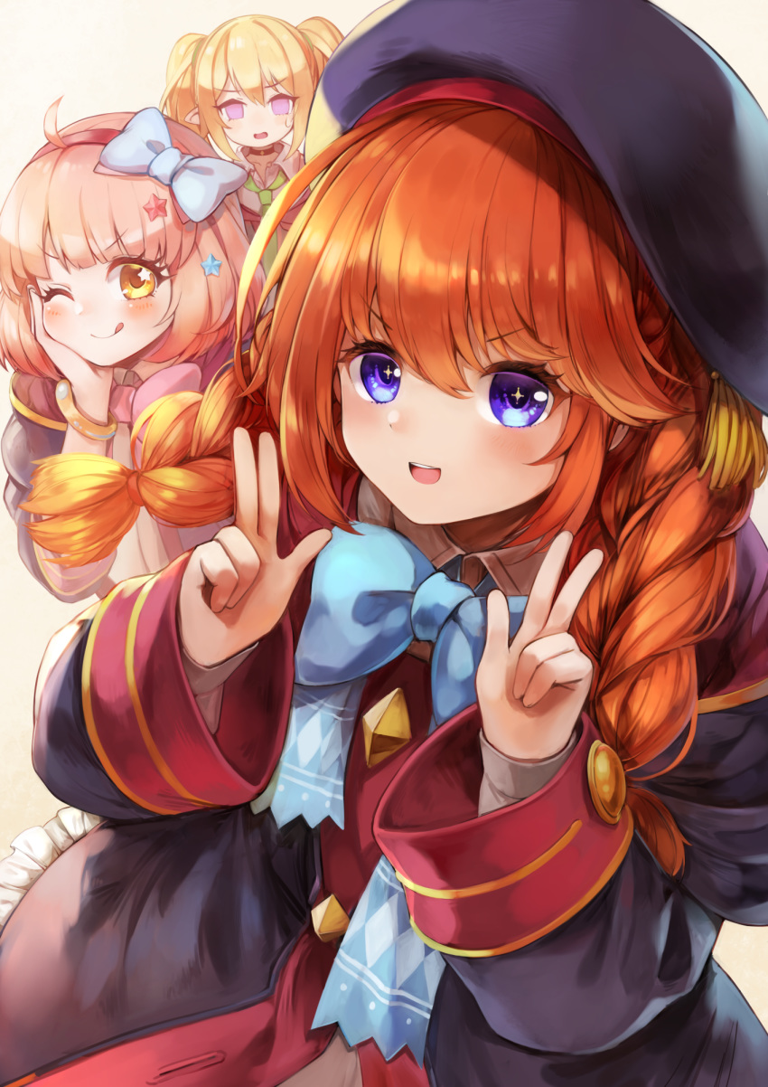 +_+ 3girls :d ;q bangs beige_background beret black_coat black_headwear blonde_hair blue_bow blue_eyes blush bow braid brown_eyes brown_hair chieru_(princess_connect!) chloe_(princess_connect!) closed_mouth coat collared_shirt commentary_request double_w eyebrows_visible_through_hair frilled_coat frills green_neckwear grey_shirt hair_between_eyes hair_bow hair_ornament hair_over_shoulder hairband hand_on_own_cheek hand_up hat highres hood hood_down hooded_coat long_hair long_sleeves multiple_girls necktie netamaru one_eye_closed open_mouth pink_bow pink_hair princess_connect! princess_connect!_re:dive red_hairband shirt simple_background smile star_(symbol) star_hair_ornament star_in_eye sweat symbol_in_eye tongue tongue_out twin_braids twintails upper_teeth v-shaped_eyebrows violet_eyes w yuni_(princess_connect!)