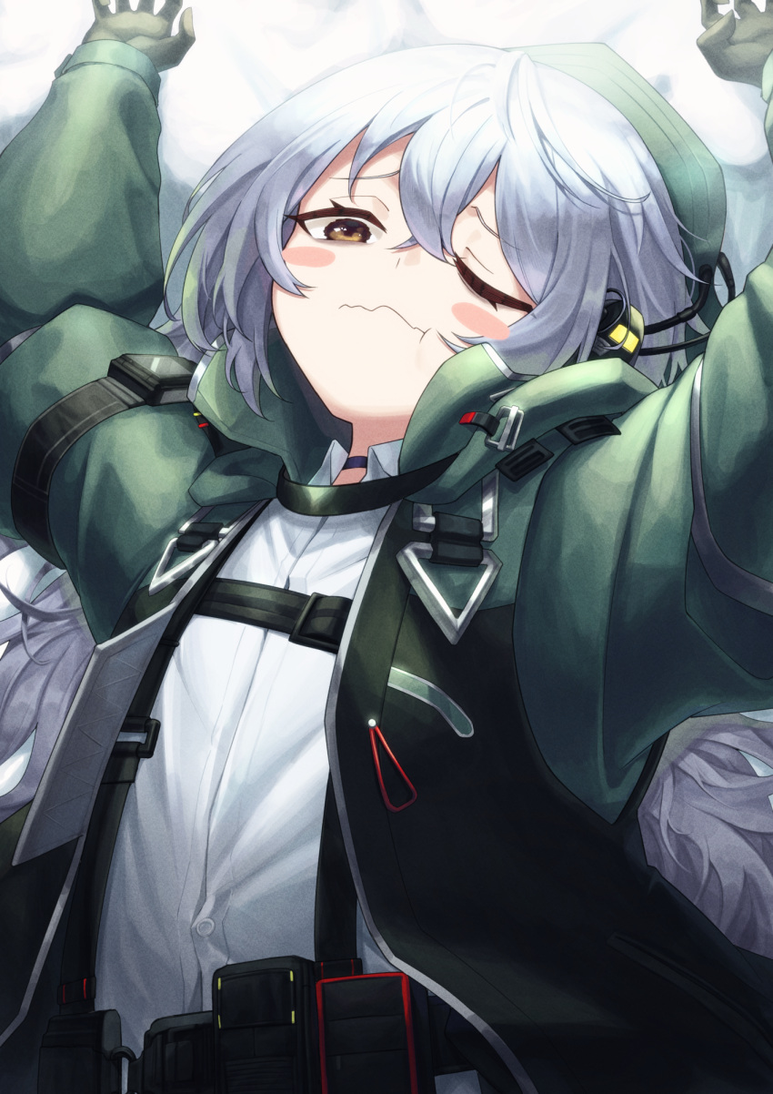 1girl arms_up bangs black_gloves blush_stickers brown_eyes commentary english_commentary g11_(girls_frontline) girls_frontline gloves green_headwear green_jacket grey_hair hair_between_eyes hat highres jacket long_hair long_sleeves lying mod3_(girls_frontline) on_back one_eye_closed open_clothes open_jacket panix2383 shirt sleepy solo upper_body white_shirt