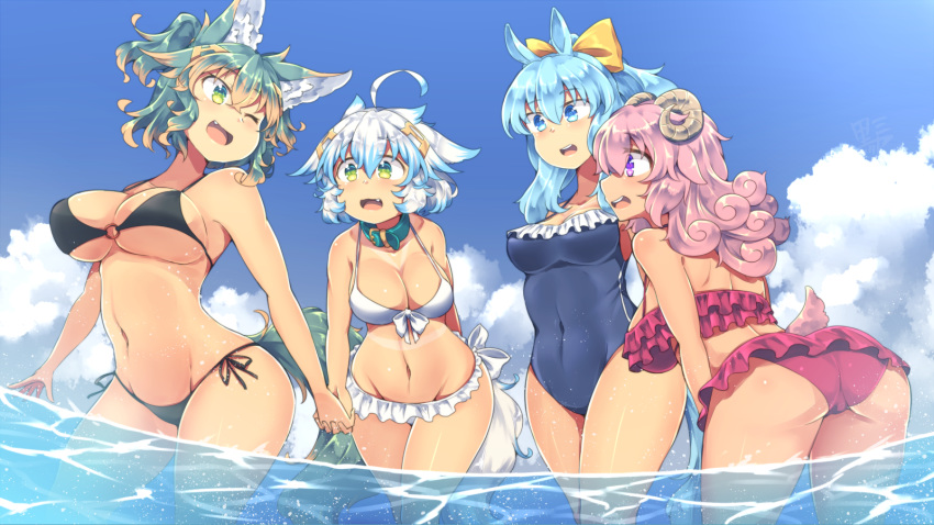 4girls ;d ahoge animal_ears ass bikini black_bikini blue_eyes blue_hair blue_sky breasts clouds collar covered_navel day fang frilled_bikini frills green_eyes green_hair hair_ribbon highres holding_hands horns kuromiya kuromiya_raika kuzakura_mika large_breasts long_hair looking_at_another medium_breasts multicolored_hair multiple_girls navel one-piece_swimsuit one_eye_closed open_mouth original partially_submerged pink_bikini pink_hair ribbon sheep_horns shiromiya_asuka short_hair side-tie_bikini sky smile souma_ren swimsuit tail two-tone_hair violet_eyes water white_bikini white_hair yellow_ribbon