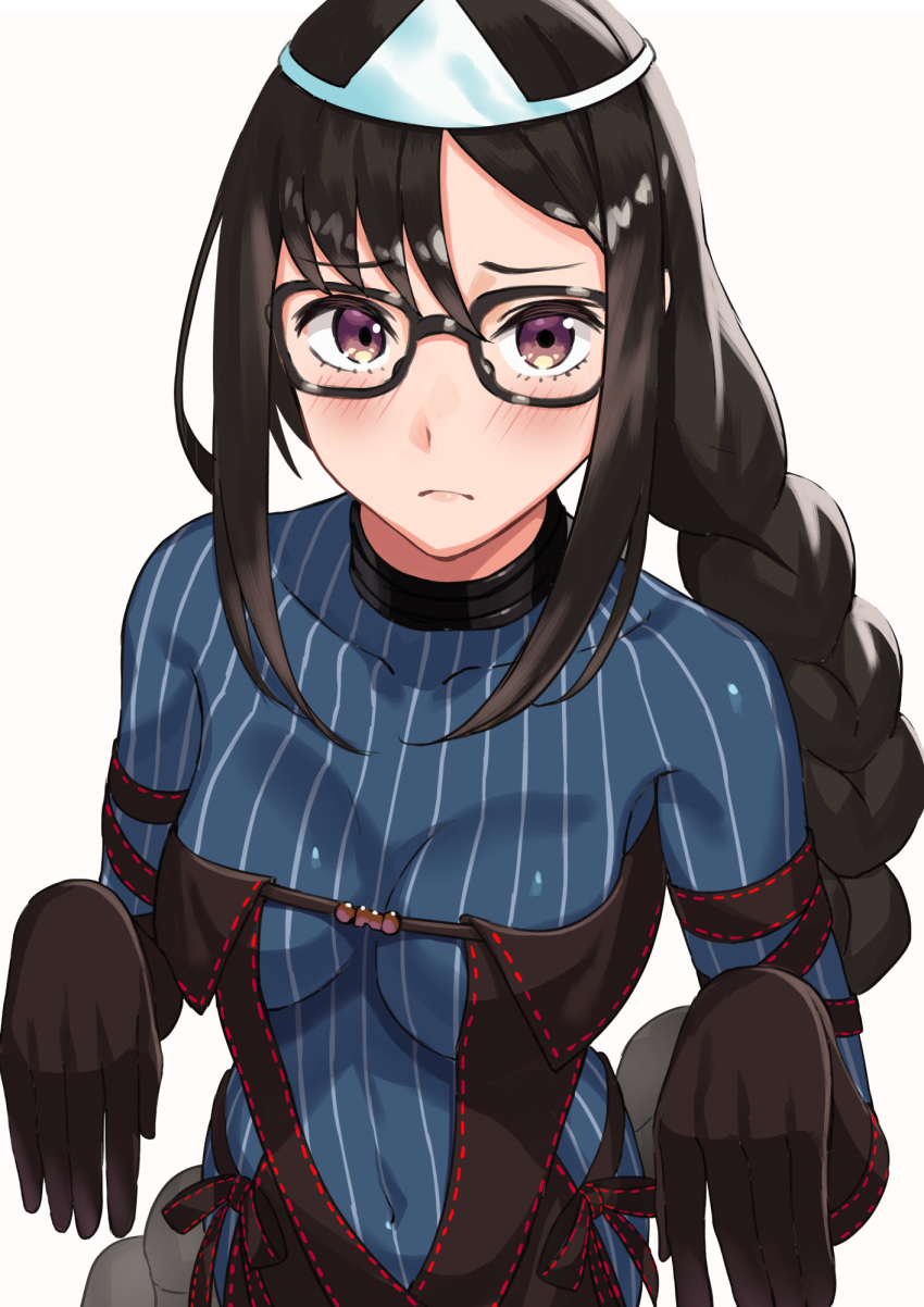 1girl bangs beppu_mitsunaka black-framed_eyewear black_dress black_gloves black_hair blue_dress blush braid braided_ponytail breasts center_opening choker closed_mouth consort_yu_(fate) covered_navel dress elbow_gloves fate/grand_order fate_(series) glasses gloves highres layered_dress long_hair long_sleeves looking_at_viewer medium_breasts ribbed_dress ribbon-trimmed_dress simple_background very_long_hair violet_eyes white_background