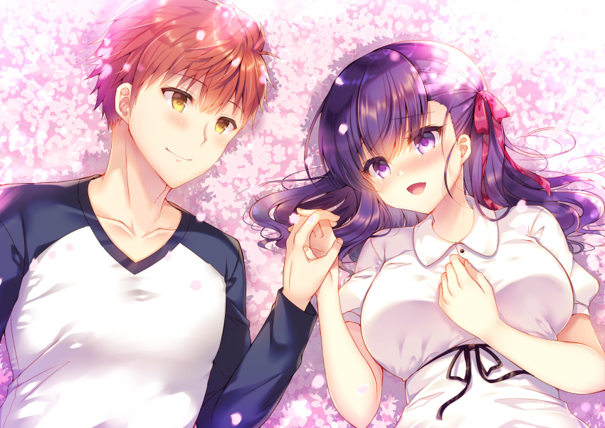 1boy 1girl :d absurdres bangs blush bow breasts brown_hair closed_mouth collared_dress commentary_request dress emiya_shirou eye_contact eyebrows_visible_through_hair fate/stay_night fate_(series) flower hair_between_eyes hair_bow heaven's_feel highres holding_hands long_hair long_sleeves looking_at_another lying matou_sakura medium_breasts on_back open_mouth pink_flower puffy_short_sleeves puffy_sleeves purple_hair raglan_sleeves red_bow shirt short_sleeves smile suzunone_rena upper_body violet_eyes white_dress white_shirt yellow_eyes