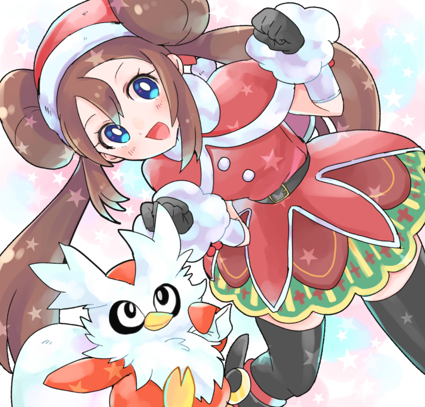 1girl :d bangs belt black_belt black_gloves black_legwear blue_eyes blush brown_hair capelet clenched_hands delibird dress eyelashes gen_2_pokemon gloves hands_up hat highres long_hair mei_(pokemon) nago_celica open_mouth pokemon pokemon_(creature) pokemon_(game) pokemon_masters red_dress sack santa_costume santa_hat sidelocks smile star_(symbol) thigh-highs zettai_ryouiki