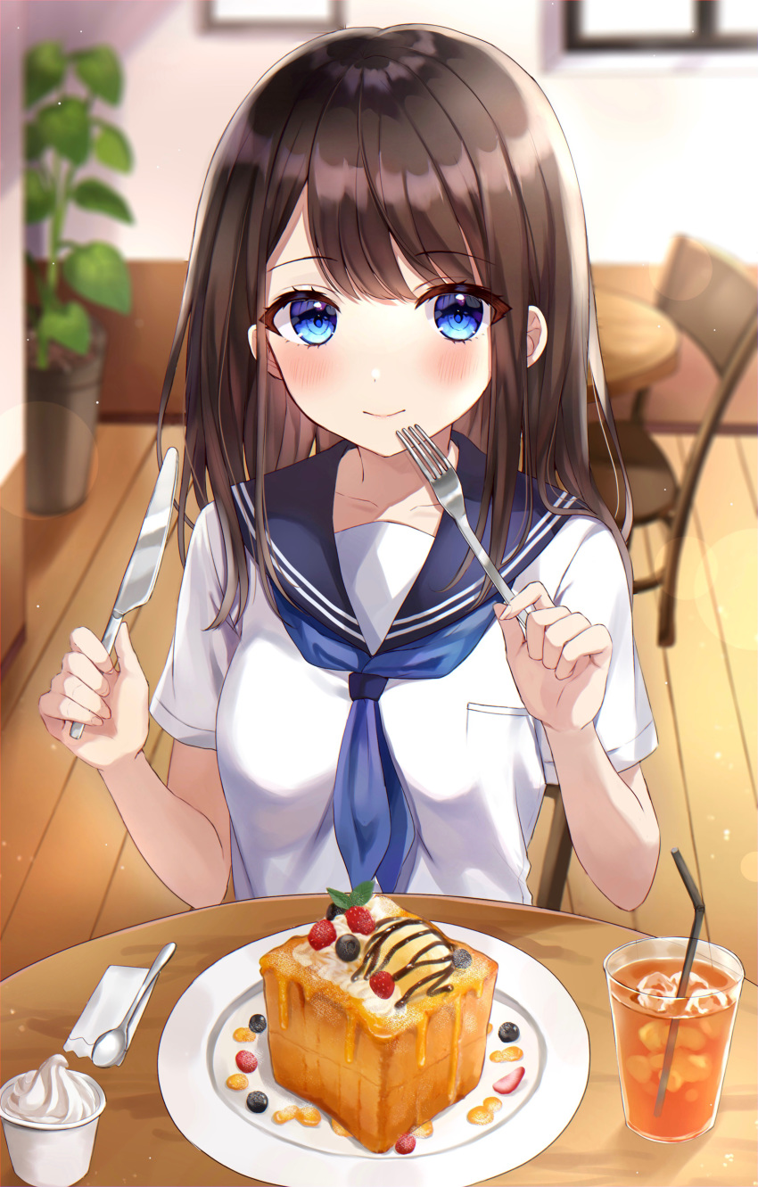 1girl absurdres bangs blue_eyes blurry blurry_background blush breasts brown_hair cake collarbone commentary_request cup drinking_glass drinking_straw food fork glass hands_up highres holding holding_fork holding_knife holding_spoon huge_filesize ice_cream indoors knife long_hair looking_at_viewer medium_breasts neckerchief original parum39 plant plate potted_plant sailor_collar school_uniform shirt sitting solo spoon sundae upper_body white_shirt wooden_chair wooden_floor wooden_table