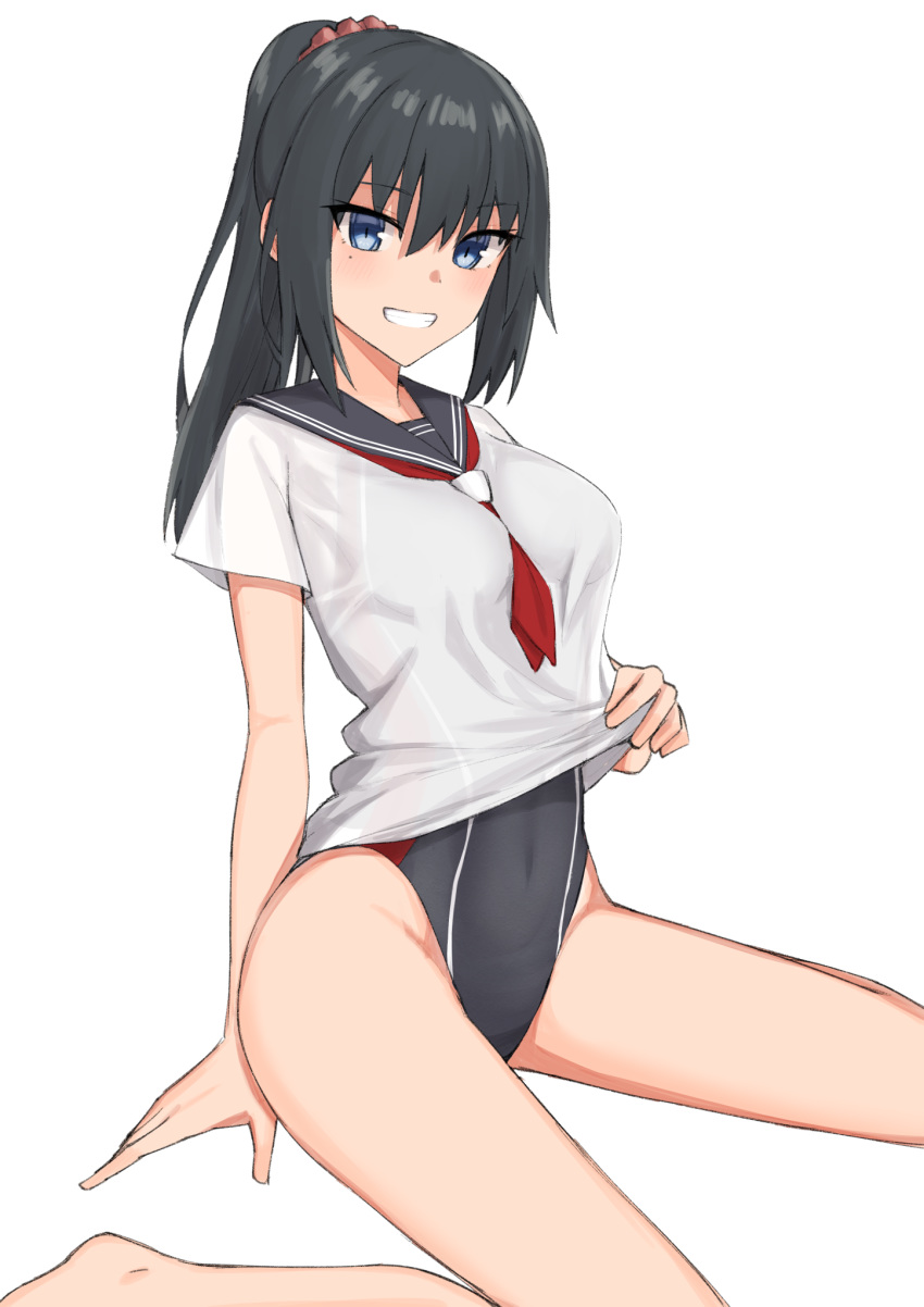 1girl barefoot between_breasts black_hair black_swimsuit blue_eyes blush breasts commentary_request competition_swimsuit covered_navel elfenlied22 eyebrows_visible_through_hair grin hair_between_eyes high_ponytail highleg highleg_swimsuit highres holding holding_clothes holding_shirt long_hair looking_at_viewer mole mole_under_eye one-piece_swimsuit original sailor_collar school_uniform see-through serafuku shirt short_sleeves simple_background sitting skin_tight smile solo swimsuit swimsuit_under_clothes teeth tsurime wariza white_background white_shirt