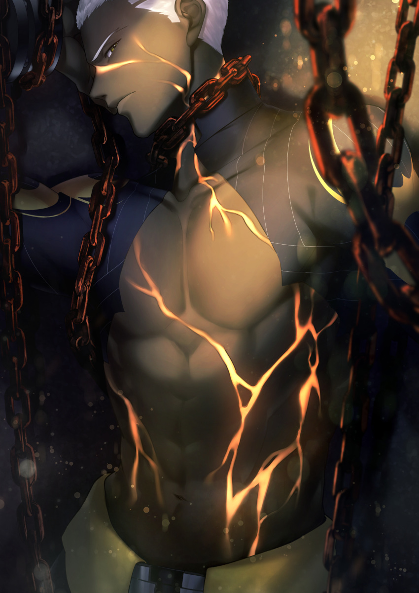 1boy abs chain chained dark_persona dark_skin dark_skinned_male emiya_alter fate/grand_order fate_(series) glowing_cracks highres jam8686 long_sleeves looking_at_viewer male_focus muscle navel pixiv_fate/grand_order_contest_1 shrug_(clothing) solo toned toned_male white_hair