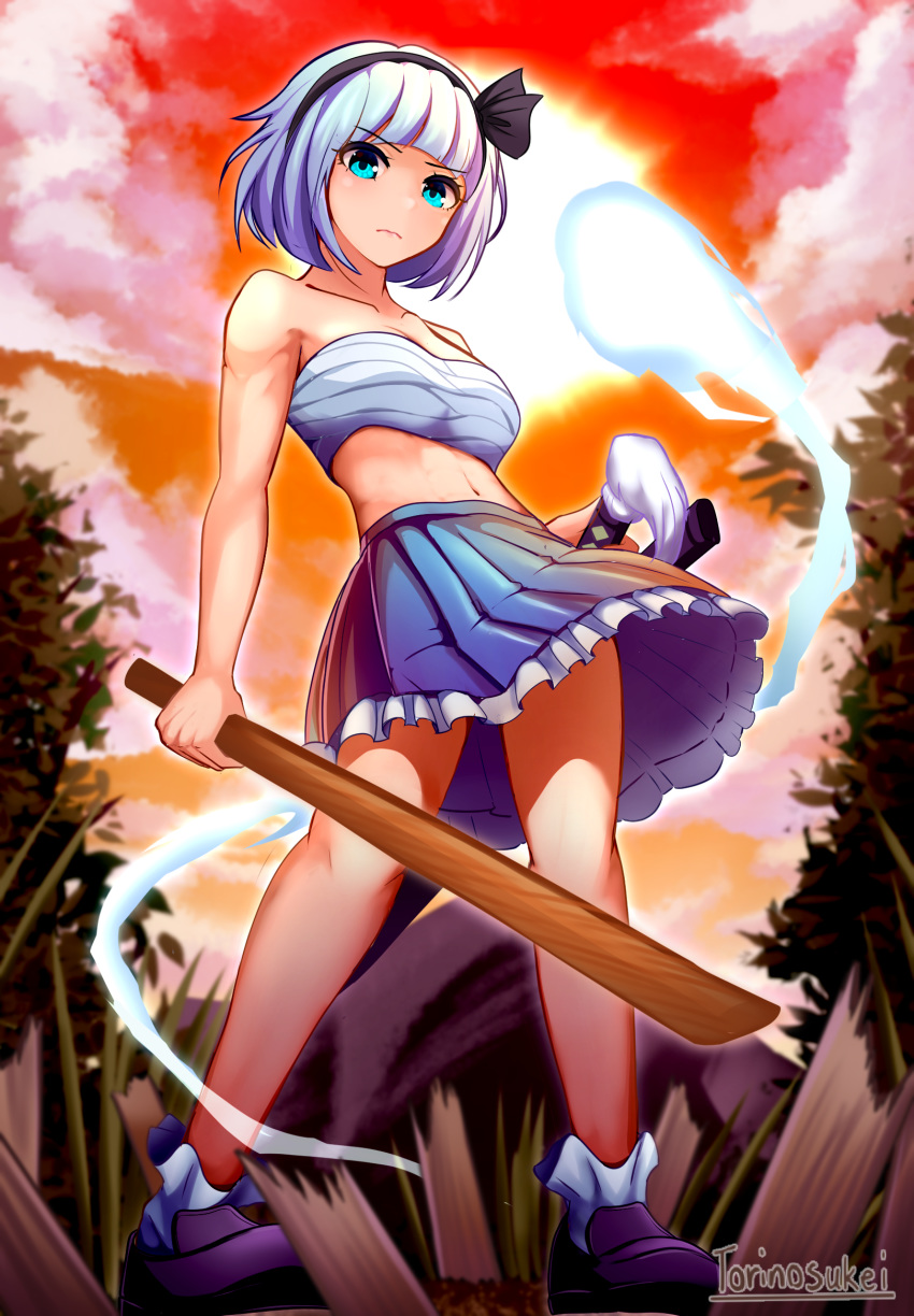 1girl abs alternate_color ankle_socks aqua_eyes artist_name bangs bare_arms black_footwear blue_skirt blunt_bangs bokken breasts clouds collarbone commentary_request contrapposto day debris eyebrows_visible_through_hair from_below frown full_body hair_ribbon highres konpaku_youmu konpaku_youmu_(ghost) leaning_back loafers looking_at_viewer midriff navel no_shirt outdoors petticoat pleated_skirt red_sky ribbon sarashi serious shoes short_hair silver_hair skirt sky small_breasts solo standing summer sun sunset sword toned torinosuke touhou tree weapon white_legwear wind wind_lift wooden_sword