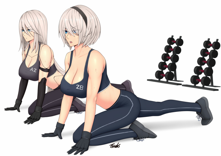 2girls android black_footwear black_headband black_pants blue_eyes blue_pants breasts determined exercise expressionless headband large_breasts long_hair mole mole_under_mouth multiple_girls nier_(series) nier_automata pants ryu_seung shoes short_hair sneakers thighs weights white_background white_hair yoga_pants yorha_no._2_type_b yorha_type_a_no._2