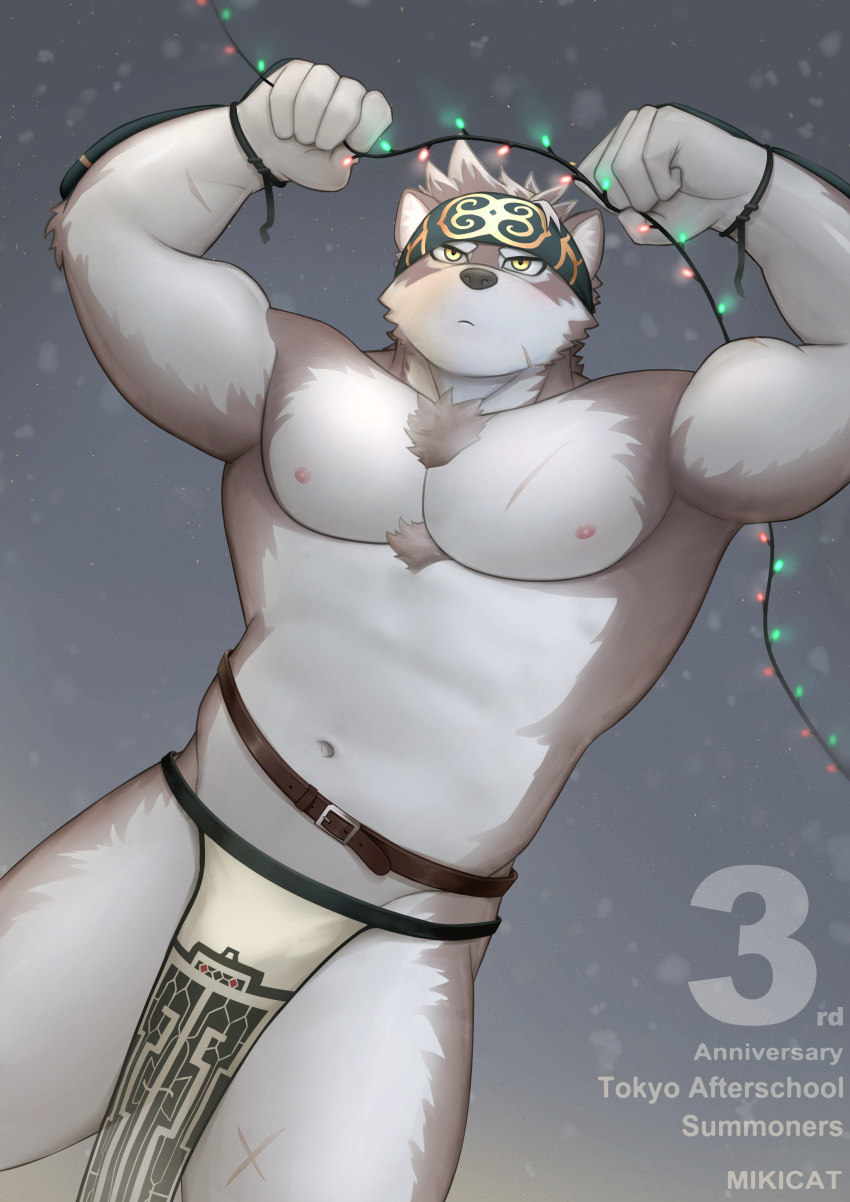 1boy abs absurdres animal_ears bara bulge chest furry grey_hair headband highres horkeu_kamui_(tokyo_houkago_summoners) male_focus miqi_(nnaf3344) multicolored_hair muscle nipples pectorals short_hair silver_hair simple_background solo thick_thighs thighs tokyo_houkago_summoners upper_body yellow_eyes