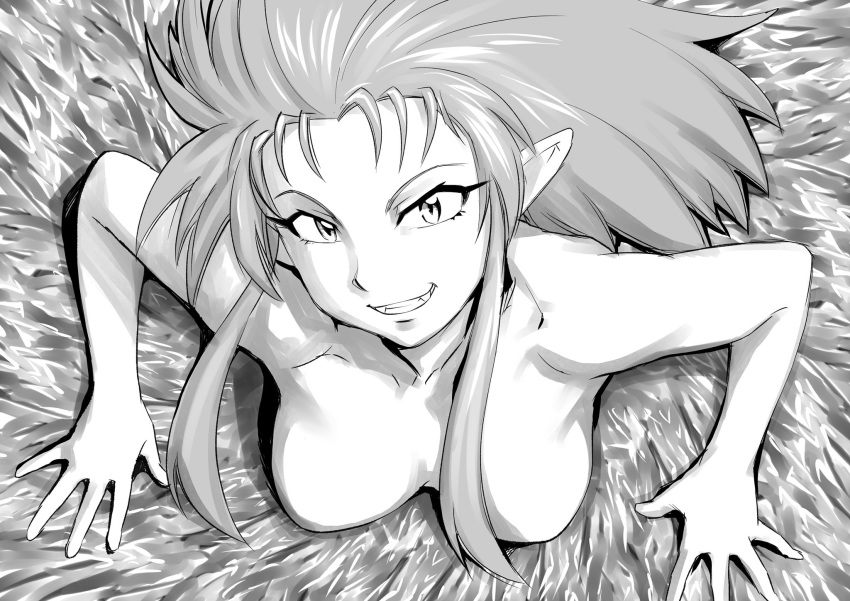 1990s_(style) 1girl breasts highres long_hair looking_at_viewer monochrome ryouko_(tenchi_muyou!) smile solo spiky_hair tenchi_muyou! topless ueyama_michirou