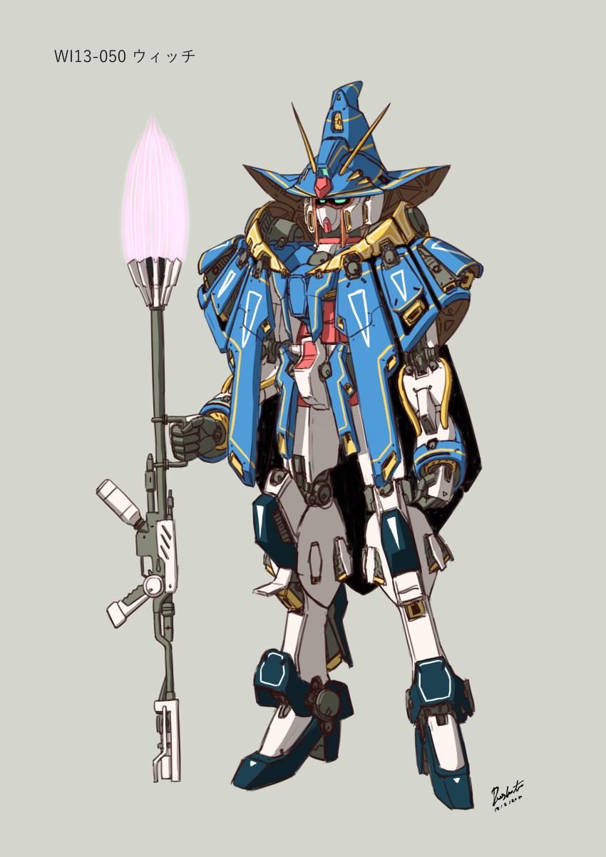 absurdres blue_eyes clenched_hand gundam gundam_walpurgis hat highres holding holding_staff mecha no_humans original regzshutel2 science_fiction solo staff standing v-fin white_background witch witch_hat