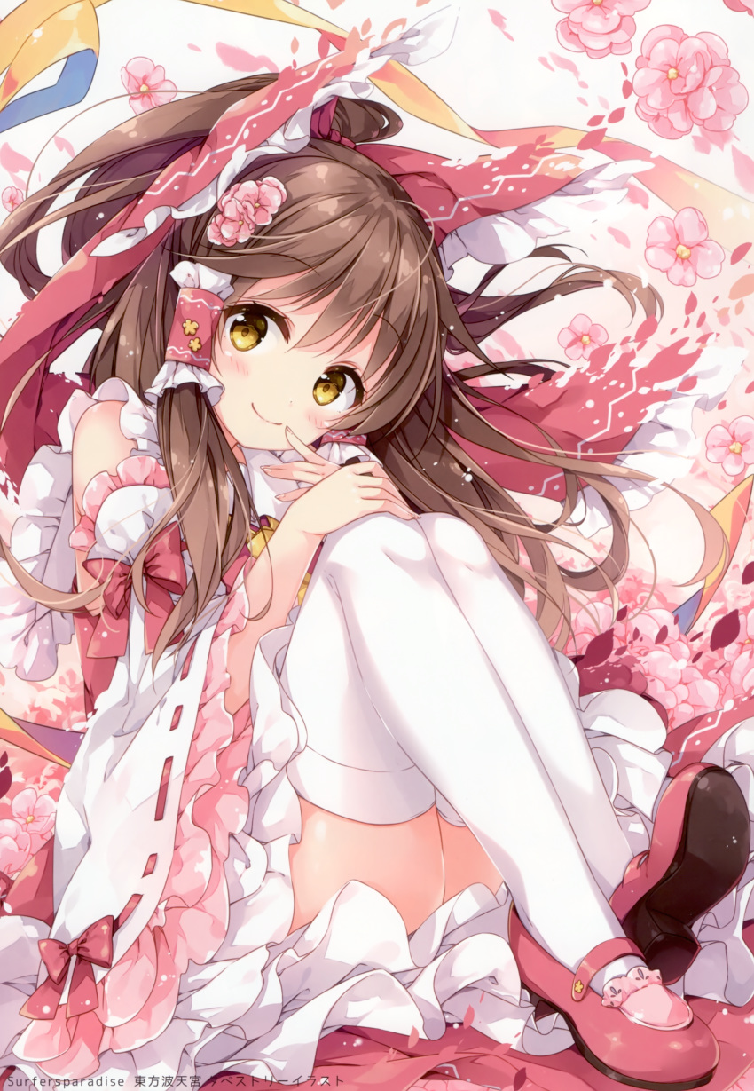 1girl absurdres bangs bare_shoulders blush bow brown_eyes brown_hair closed_mouth detached_sleeves eyebrows_visible_through_hair fingernails flower hair_bow hair_flower hair_ornament hair_tubes hakurei_reimu highres long_hair looking_at_viewer mochizuki_shiina petals red_footwear scan shiny shiny_hair shoes simple_background sitting smile solo thigh-highs tied_hair touhou white_legwear wide_sleeves