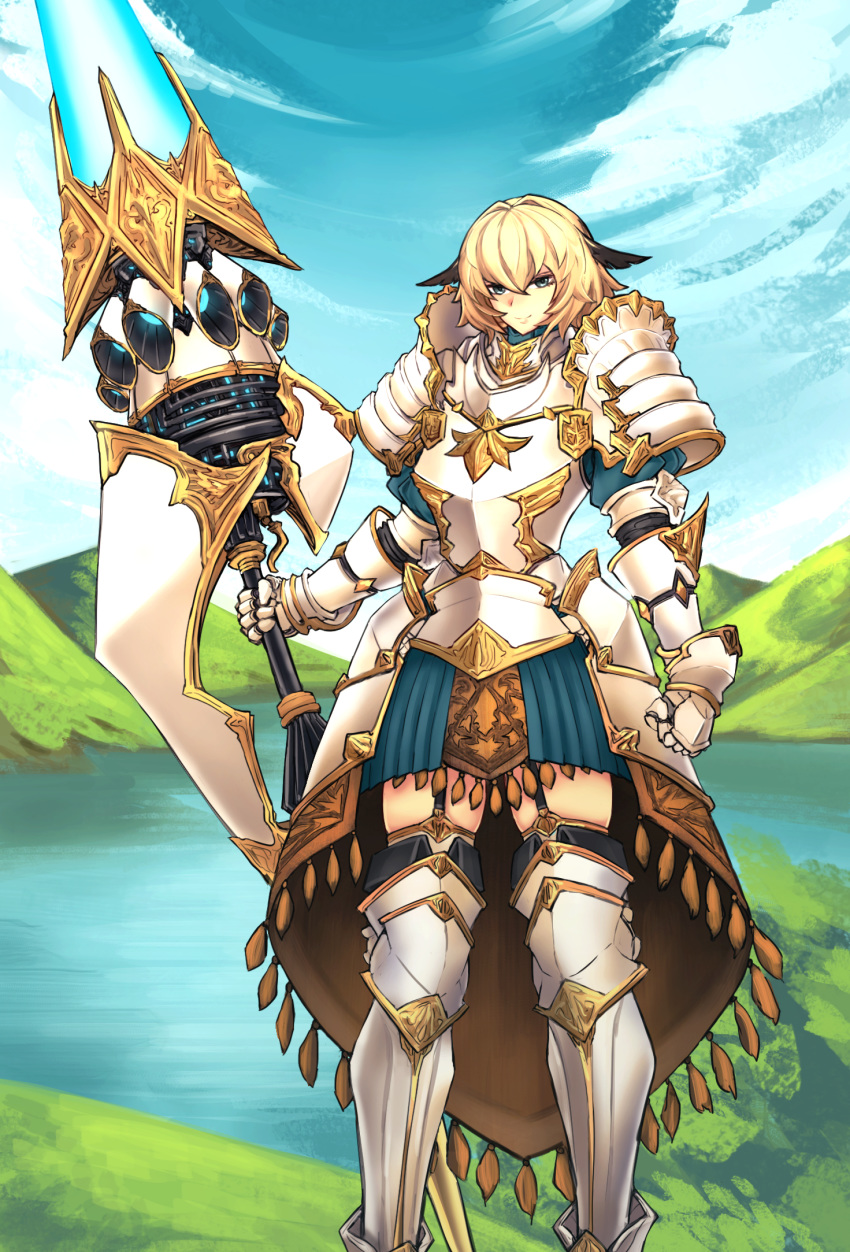 1girl alternate_costume armor armored_boots black_hair blonde_hair boots breastplate casul fate/grand_order fate_(series) gareth_(fate/grand_order) gauntlets highres hill lake lance multicolored_hair older pauldrons polearm shoulder_armor solo solo_focus thighs two-tone_hair weapon