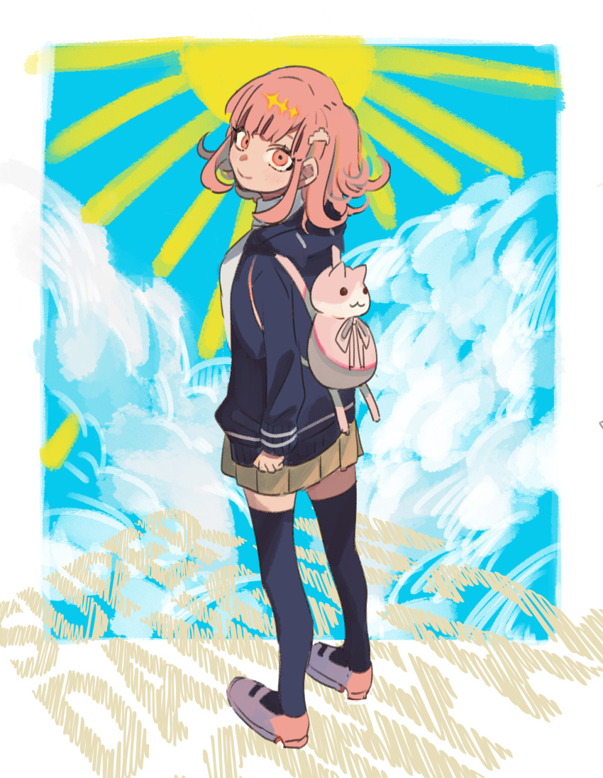 1girl above_clouds absurdres animal_hood backpack bag bangs beige_skirt black_jacket black_legwear blue_sky brown_skirt cat_bag clenched_hand closed_mouth clouds collared_shirt copyright_name dangan_ronpa flipped_hair from_behind from_side full_body hair_ornament hairclip highres hood hooded_jacket jacket light_blush light_rays looking_back looking_up mary_janes miniskirt nanami_chiaki pink_eyes pink_footwear pink_hair pleated_skirt shirt shoes short_hair sidelocks skirt sky smile solo spoilers standing sun sunlight super_dangan_ronpa_2 swept_bangs takushiima thigh-highs white_shirt zettai_ryouiki