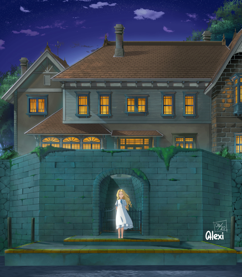 1girl absurdres alexi_ansell artist_name blonde_hair blue_eyes clouds commentary dated dock dress highres house long_hair looking_at_viewer marnie night omoide_no_marnie sky solo standing star_(sky) starry_sky studio_ghibli water white_dress