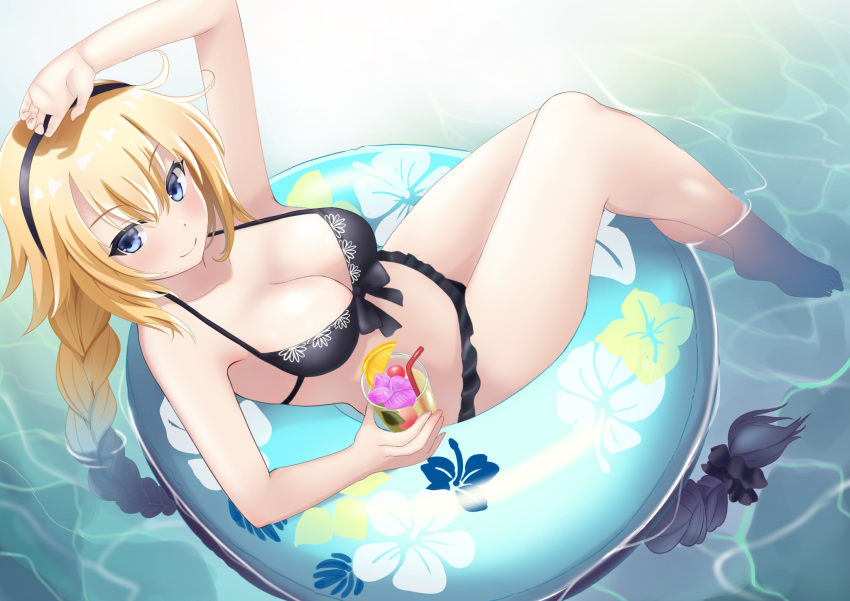 1girl bikini black_bikini black_hairband blue_eyes braid breasts cup fate/grand_order fate_(series) front-tie_bikini front-tie_top hairband highres holding holding_cup innertube jeanne_d'arc_(fate)_(all) jeanne_d'arc_(swimsuit_archer) john_manjirou_(love-love-happy21) large_breasts long_braid long_hair single_braid smile soaking_feet solo swimsuit transparent very_long_hair water