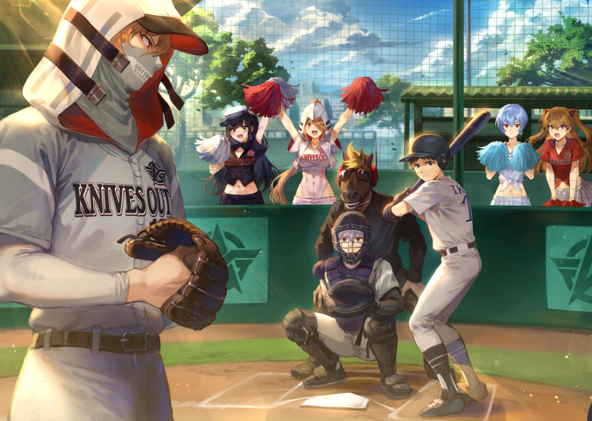 4boys 4girls animal_ears ayanami_rei bangs baseball baseball_base baseball_bat baseball_cap baseball_helmet baseball_jersey baseball_mitt baseball_uniform belt belt_buckle black_footwear black_hair black_jacket black_shirt blonde_hair blue_hair blue_skirt blue_sky boots breasts brown_belt brown_hair buckle catcher character_request cheerleader chest_protector closed_mouth clothes_writing collared_shirt commentary_request day fence gloves hat helmet highleg highleg_leotard highres holding hood hood_up horse_head ikari_shinji jacket layered_sleeves leotard long_hair long_sleeves looking_at_viewer mashuu_(neko_no_oyashiro) mask midriff mouth_mask multiple_boys multiple_girls navel neon_genesis_evangelion open_mouth outdoors pants pitcher pleated_skirt pom_poms red_eyes redhead shirt short_hair short_sleeves skirt sky smile souryuu_asuka_langley sportswear squatting standing sweat t-shirt white_jacket white_leotard white_pants white_shirt