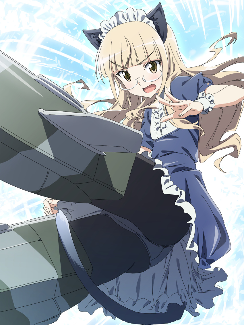 1girl animal_ears bangs black_legwear blonde_hair blue_dress blunt_bangs cat_ears cat_tail crotch_seam dress eyebrows_visible_through_hair flying frilled_dress frills frown glasses highres long_hair looking_at_viewer maid_headdress medium_dress military military_uniform open_mouth panties panties_under_pantyhose pantyhose perrine_h_clostermann pink_x short_sleeves solo strike_witches striker_unit tail underwear uniform upskirt v-shaped_eyebrows world_witches_series wrist_cuffs yellow_eyes