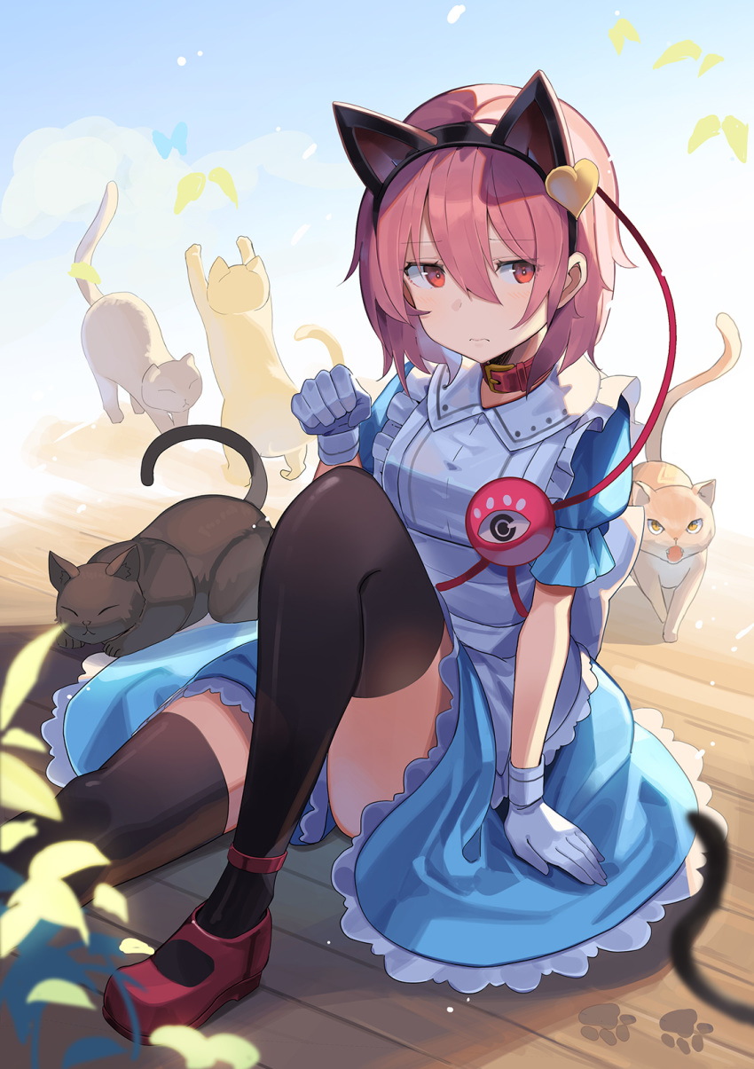 1girl alternate_costume animal animal_ears apron arm_support bangs black_cat black_hairband black_legwear blue_butterfly blue_dress blue_sky blurry_foreground brown_cat buckle bug butterfly cat cat_ears clenched_hand closed_mouth clouds collar collared_dress commentary dress eyeball eyebrows_visible_through_hair fake_animal_ears feet_out_of_frame frilled_apron frilled_dress frills gloves hair_between_eyes hair_ornament hairband hand_up heart heart_hair_ornament highres insect komeiji_satori leaf leg_up light_blush looking_away open_mouth orange_eyes outstretched_arm outstretched_leg paw_pose paw_print pink_hair plant puffy_short_sleeves puffy_sleeves red_collar red_eyes red_footwear rin_falcon short_hair short_sleeves sideways_glance sitting sitting_on_floor sky sleeping slit_pupils solo stretch thigh-highs third_eye touhou wavy_mouth white_apron white_gloves yellow_butterfly yellow_cat yellow_eyes zettai_ryouiki