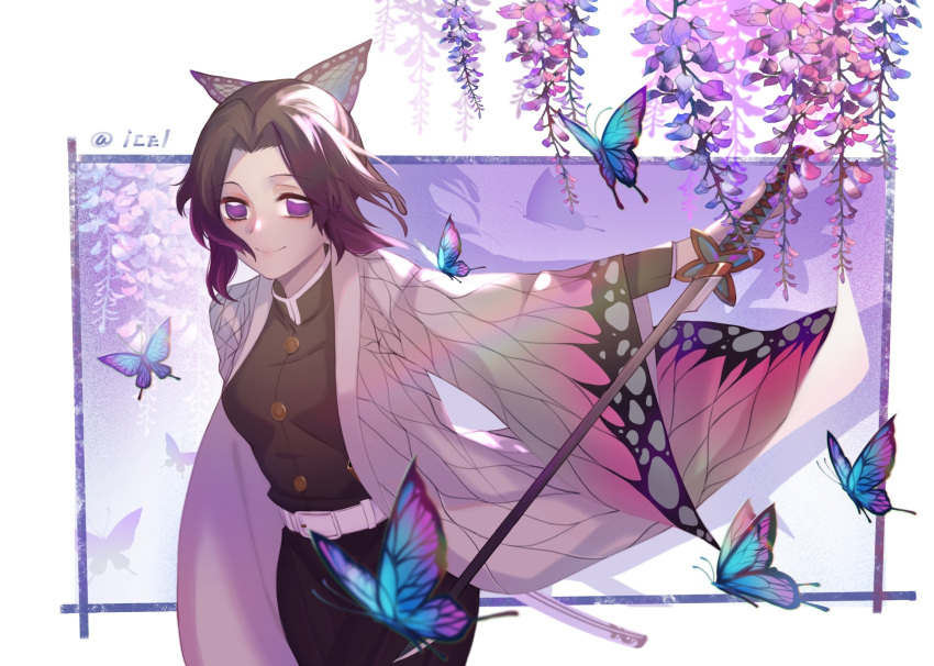 1girl bangs belt black_hair breasts bug butterfly butterfly_hair_ornament gradient_hair hair_ornament haori highres icelernd insect japanese_clothes katana kimetsu_no_yaiba kochou_shinobu long_sleeves looking_at_viewer multicolored_hair no_pupils parted_bangs plant purple_hair short_hair simple_background smile solo sword violet_eyes weapon