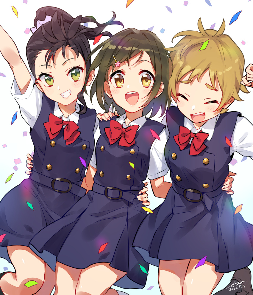 3girls arm_around_waist arm_up blush bow bowtie brown_hair closed_eyes collared_shirt commentary_request confetti dress green_eyes green_hair highres looking_at_viewer multiple_girls open_mouth original red_neckwear shiny shiny_skin shirt short_hair short_sleeves teeth tongue wedo white_background yellow_eyes