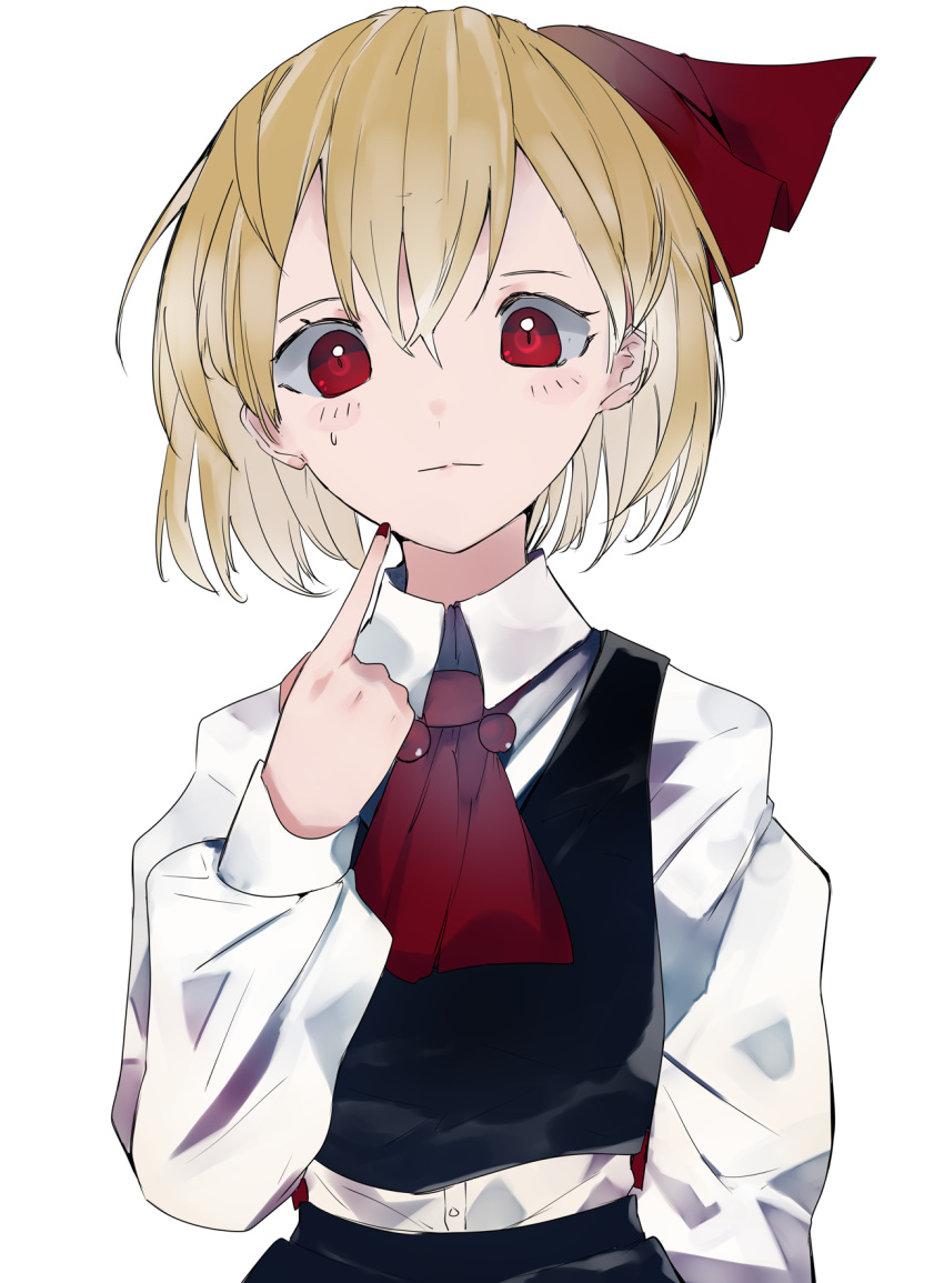 1girl ascot bangs black_skirt blonde_hair blouse blush bobbles closed_mouth collared_blouse collared_shirt commentary_request hair_between_eyes hair_ribbon hand_up highres ikurauni index_finger_raised long_sleeves looking_at_viewer pointing pointing_at_self red_eyes red_nails red_neckwear red_ribbon ribbon rumia shirt short_hair simple_background skirt skirt_set solo sweatdrop touhou upper_body vest white_background white_blouse white_shirt wing_collar