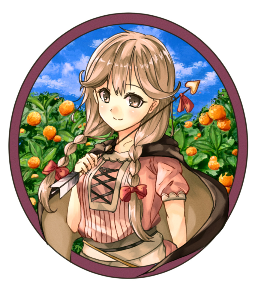 1girl arrow_(projectile) bangs blonde_hair blue_sky bow braid brown_cape brown_eyes cape closed_mouth collarbone day faye_(fire_emblem) fire_emblem fire_emblem_echoes:_shadows_of_valentia fuussu_(21-kazin) hair_between_eyes hair_bow hair_over_shoulder heart highres holding holding_arrow long_hair low_twintails outdoors pink_shirt red_bow shiny shiny_hair shirt short_sleeves sky smile solo standing twin_braids twintails upper_body very_long_hair