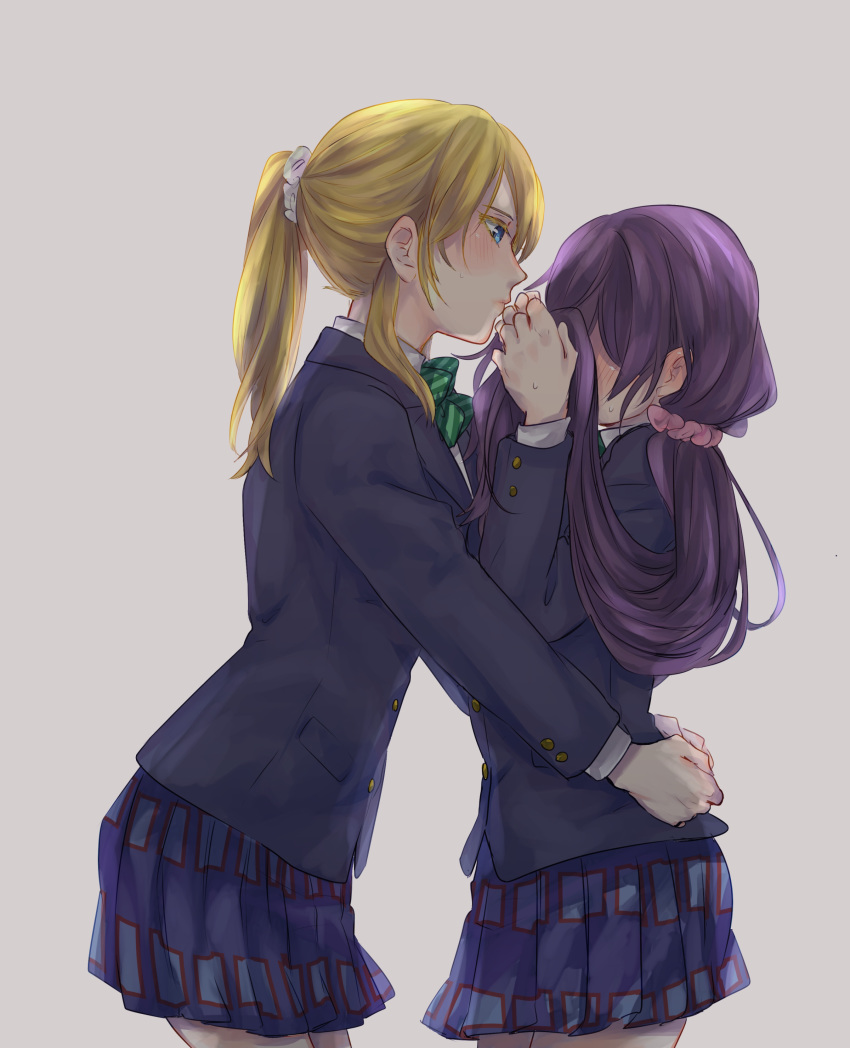 2girls 88susanowo absurdres ayase_eli blonde_hair blue_eyes blue_jacket blue_skirt blush covering_face highres jacket long_hair long_sleeves love_live! love_live!_school_idol_project low_twintails multiple_girls otonokizaka_school_uniform pleated_skirt ponytail purple_hair school_uniform skirt sweat toujou_nozomi twintails yuri