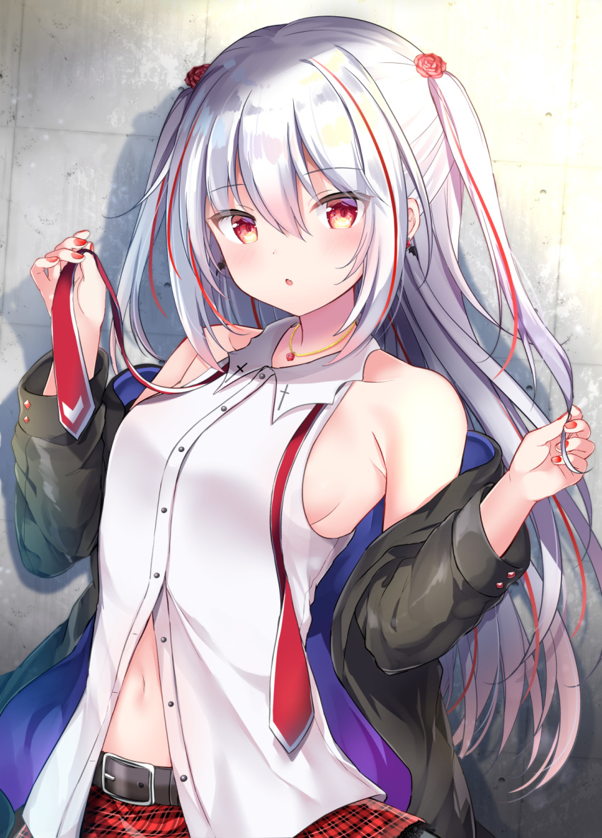 1girl :o bangs bare_shoulders belt black_belt black_jacket blush breasts collarbone collared_shirt commentary_request dress_shirt flower grey_hair hair_flower hair_ornament hands_up highres holding holding_hair holding_necktie jacket jewelry kirakira_monstars long_hair looking_at_viewer masayo_(gin_no_ame) medium_breasts multicolored_hair nail_polish navel necklace necktie off-shoulder_jacket off_shoulder original parted_lips partially_unbuttoned plaid plaid_skirt purple_jacket red_eyes red_flower red_nails red_neckwear red_skirt shirt sideboob skirt sleeveless sleeveless_shirt solo streaked_hair two_side_up undone_necktie upper_body white_shirt