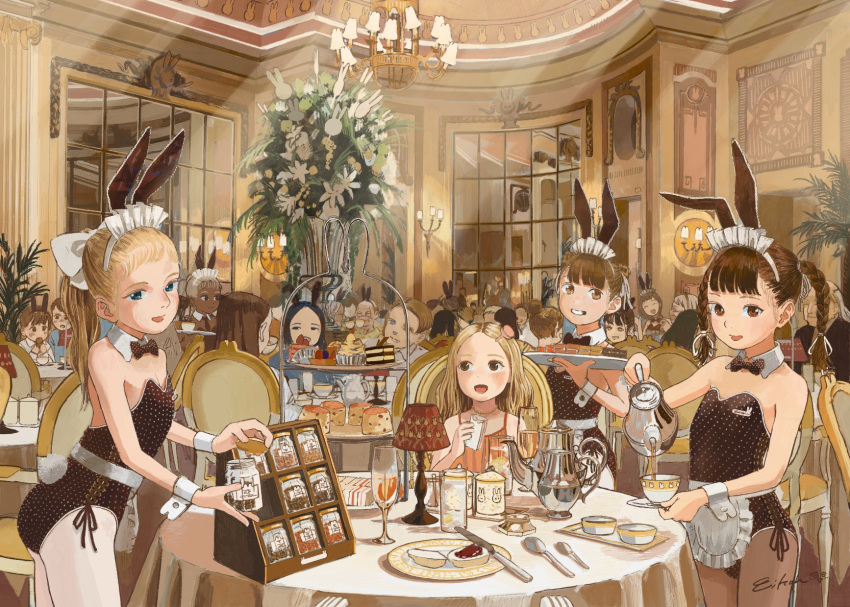 animal_ears bangs blonde_hair blue_eyes bow bowtie braid brown_eyes brown_hair cake commentary cup eikoh food highres indoors jam lamp leotard looking_at_viewer looking_to_the_side maid_headdress multiple_boys multiple_girls name_tag open_mouth original pantyhose pouring rabbit_ears signature sitting smile standing table tea teacup teapot twintails
