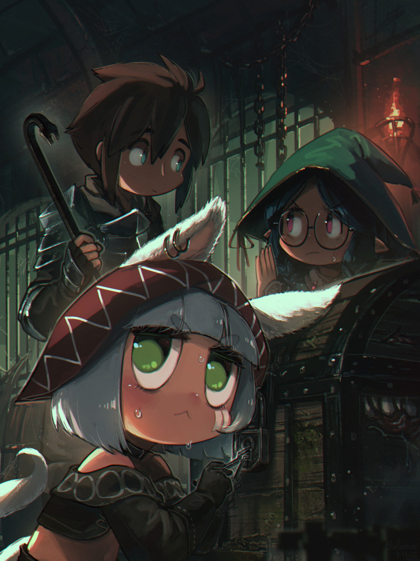 1boy 2girls :&lt; absurdres animal_ears armor bangs black_choker black_gloves blue_eyes blue_hair blunt_bangs bob_cut braid brown_hair chain choker commentary crowbar ear_piercing english_commentary eyebrows_visible_through_hair fingerless_gloves frown glasses gloves green_eyes grey_hair hat head_scarf highres indoors lock lockpick looking_at_another multiple_girls original padlock piercing pointy_ears porforever red_eyes round_eyewear short_hair sweat sweating_profusely tail thick_eyebrows torch treasure_chest twin_braids v-shaped_eyebrows witch_hat
