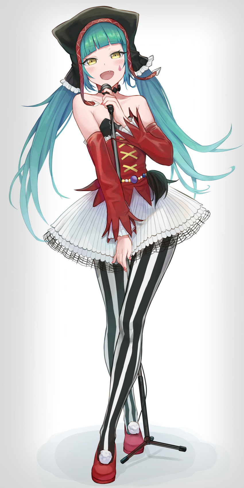 1girl absurdres aqua_hair bare_shoulders bibboss39 black_choker black_headwear cat_food_(vocaloid) choker detached_sleeves facing_viewer fang hatsune_miku highres looking_at_viewer microphone_stand open_mouth pantyhose project_diva_(series) red_footwear shoes simple_background smile striped striped_legwear twintails vocaloid white_background yellow_eyes