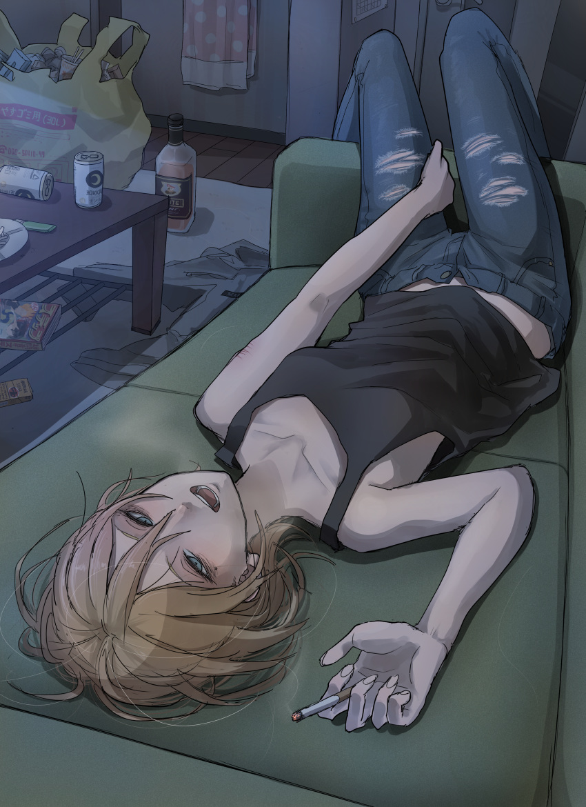1girl absurdres beer_can blonde_hair can cigarette commentary couch denim highres huge_filesize indoors jeans looking_at_viewer lying on_back original pants rum short_hair smoking solo tabao tank_top torn_clothes torn_jeans torn_pants trash trash_bag
