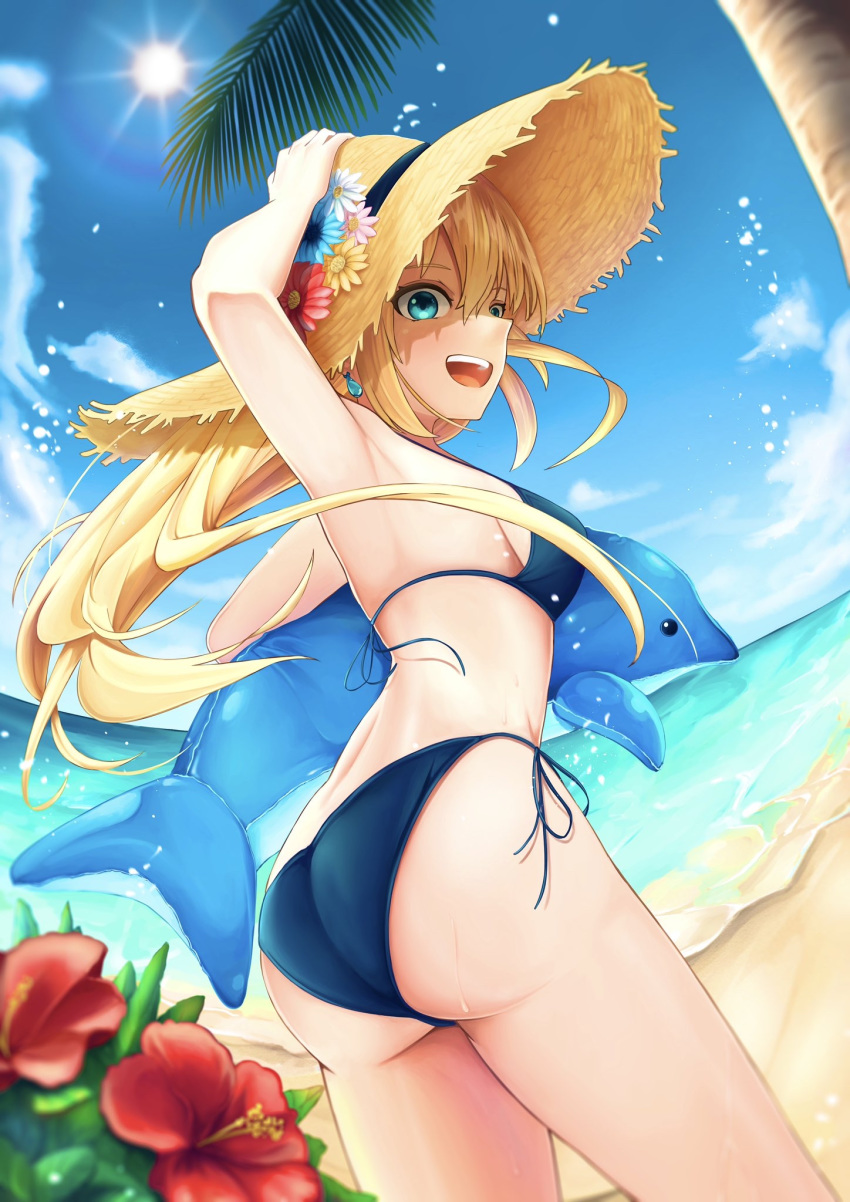 1girl aqua_eyes arm_up armpits ass bangs bare_arms beach bikini blonde_hair blue_bikini blue_sky breasts clouds commentary_request day earrings fisheye flower from_behind hand_on_headwear hat hat_flower hibiscus highres holding inflatable_dolphin inflatable_toy jewelry leaning_forward long_hair looking_at_viewer looking_back medium_breasts ocean open_mouth original outdoors palm_tree red_flower relight sideboob sky smile solo standing straw_hat summer sun sun_hat swimsuit tree upper_teeth water