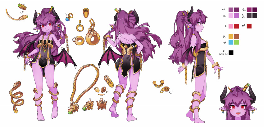 1girl :d absurdres ahoge anklet arm_at_side ass bangs bare_shoulders barefoot black_horns bracelet bracelet_removed breasts character_sheet collarbone commentary_request concept_art demon_girl demon_horns demon_wings dress earring_removed earrings face from_behind from_side full_body hand_on_hip hand_up highres horns jewelry jewelry_removed long_hair looking_at_viewer medium_breasts mg_(ming12140) ming_(ming12140) multiple_views necklace necklace_removed open_mouth original pointy_ears purple_hair purple_skin red_eyes simple_background sleeveless sleeveless_dress smile standing strapless strapless_dress tail white_background wings