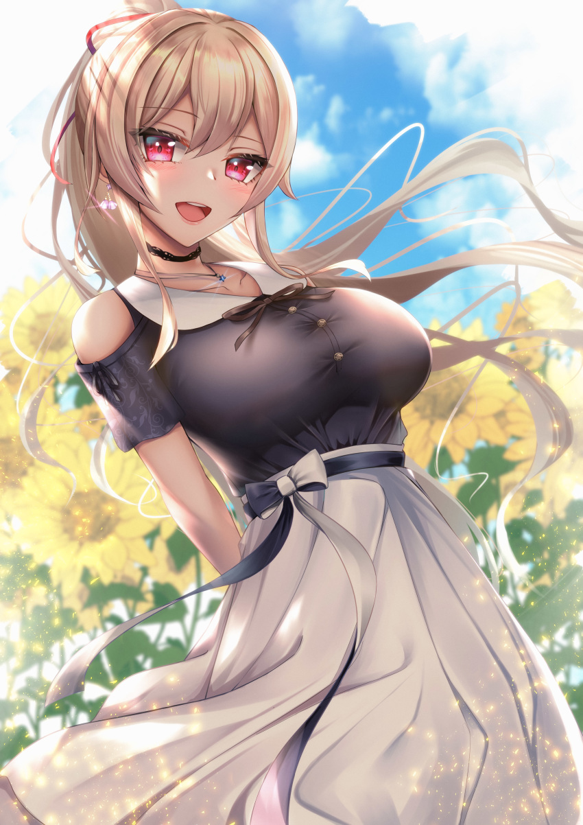 1girl :d absurdres arms_behind_back bangs black_blouse blonde_hair blouse blue_sky breasts choker clouds collarbone commentary_request day earrings flower furen_e_lustario hair_ribbon highres jewelry large_breasts long_hair long_skirt necklace nijisanji open_mouth outdoors rai_(newtype_xm-x1) red_eyes ribbon short_sleeves skirt sky smile solo sunflower upper_body virtual_youtuber white_skirt