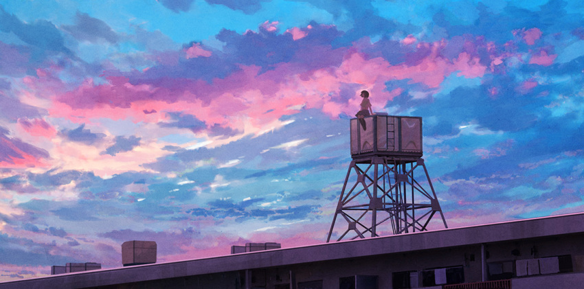 1girl black_legwear building clouds ladder original outdoors rooftop scenery school_uniform shirt sitting skirt sky twilight white_shirt yomanika0021