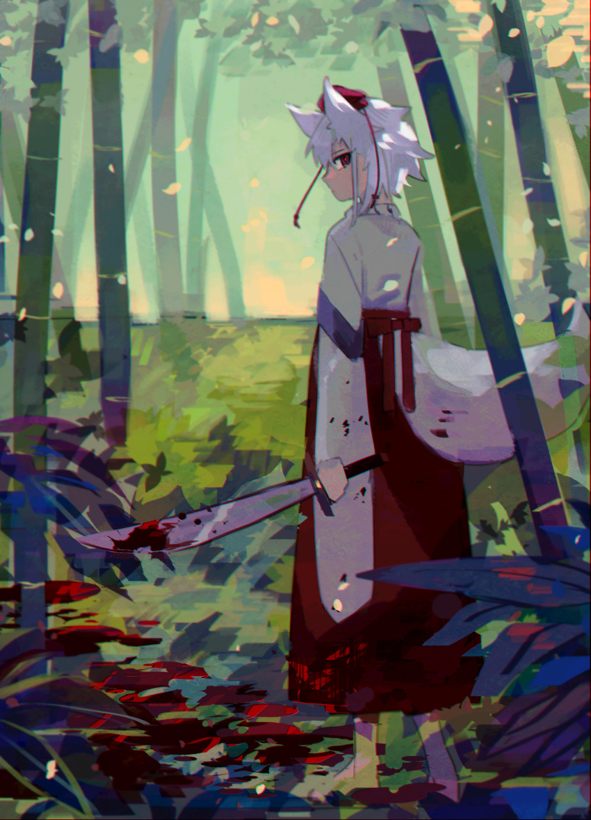 1girl animal_ears bamboo bamboo_forest bangs barefoot blood blood_on_ground blood_splatter blood_stain bloody_clothes bloody_weapon bow expressionless facing_to_the_side falling_leaves forest full_body hair_between_eyes hakama hakama_skirt hat highres holding holding_sword holding_weapon inubashiri_momiji japanese_clothes leaf long_skirt long_sleeves looking_at_viewer nature outdoors profile red_bow red_eyes red_hakama red_headwear red_sash red_skirt sash shirt short_hair sidelocks sideways_glance skirt solo standing sword tail takushiima tokin_hat touhou weapon white_hair white_shirt wide_sleeves wolf_ears wolf_tail