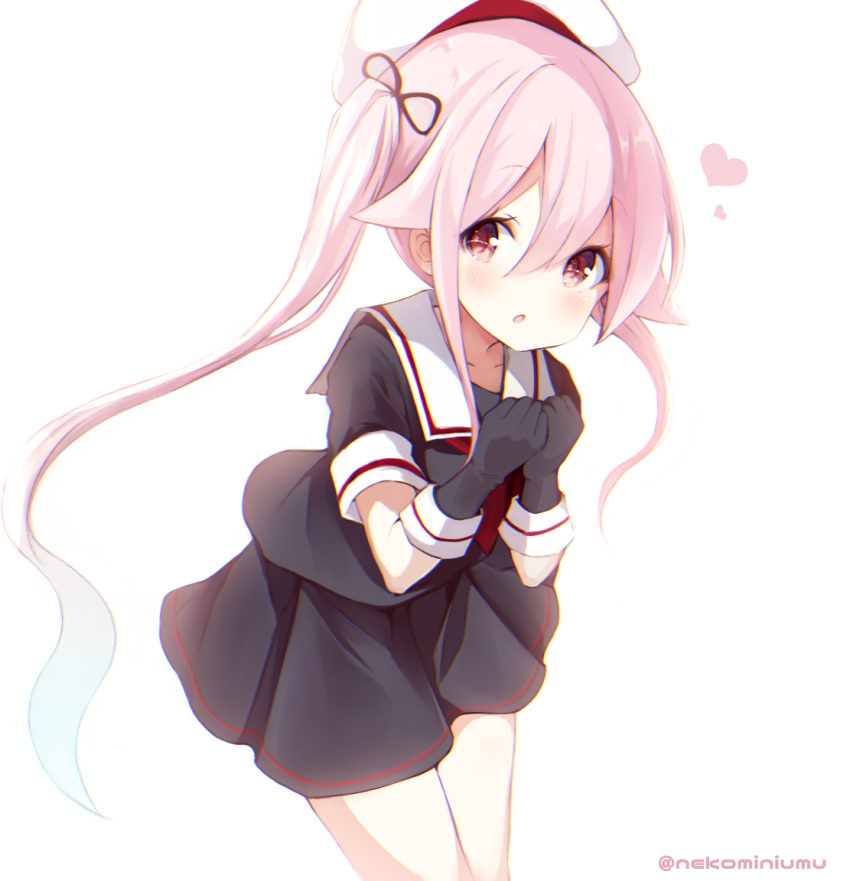 beret black_gloves gloves hair_flaps harusame_(kantai_collection) hat heart kantai_collection long_hair nekomarieru pink_hair red_eyes school_uniform serafuku side_ponytail sidelocks simple_background twitter_username